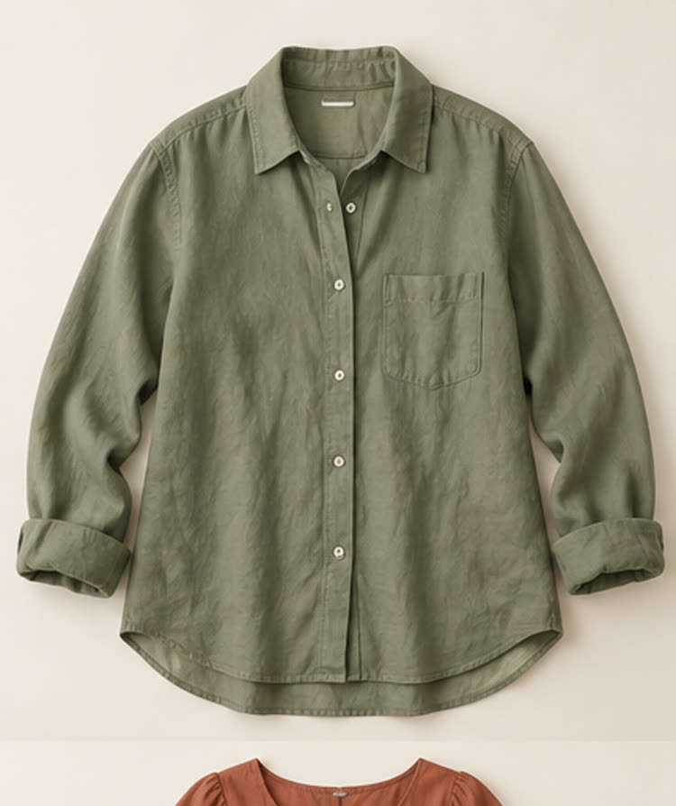Sage linen shirt arranged on a warm ivory surface